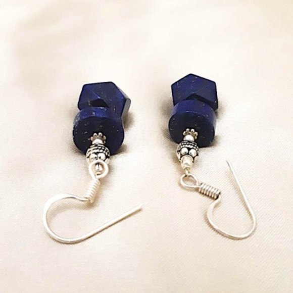 Genuine Blue Lapis Lazuli Dangled Earrings 925 Silver French Wire Pierced Ears - Picture 7 of 9